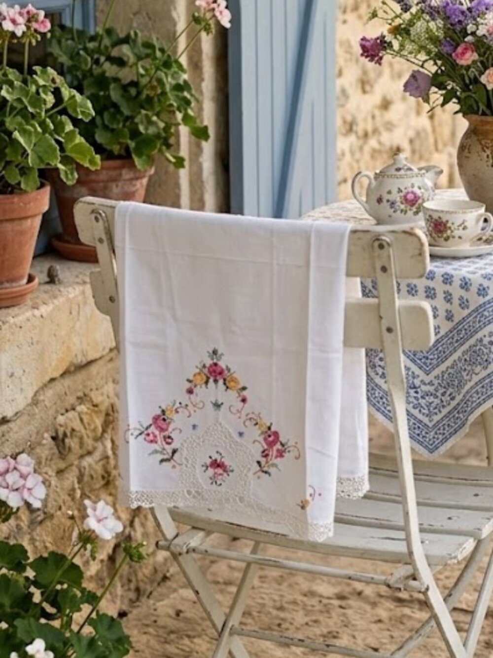 Vintage White linen Embroidered Tea Towel